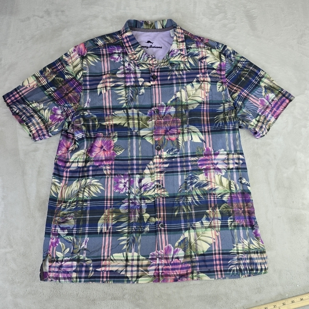 Tommy Bahama Short Sleeve Button Up Hawaiian Floral Striped Silk Sz Lg TB93